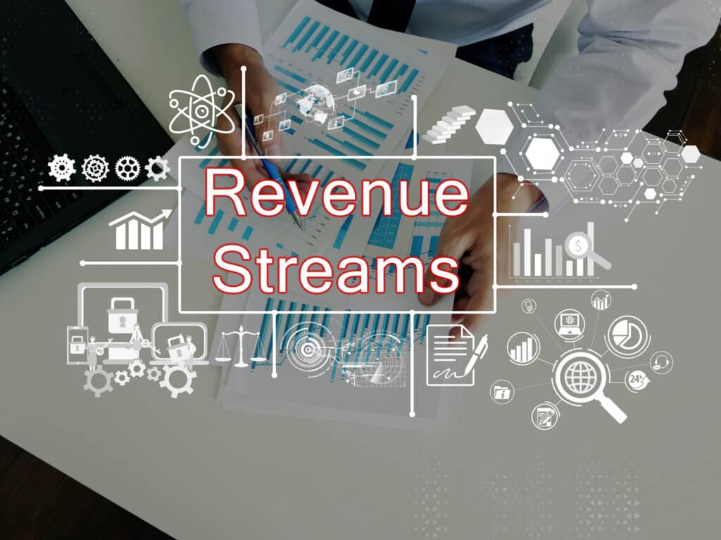 A business professional analyzing revenue data charts, overlaid with various financial icons and the text "Revenue Streams."