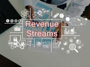 A business professional analyzing revenue data charts, overlaid with various financial icons and the text "Revenue Streams."